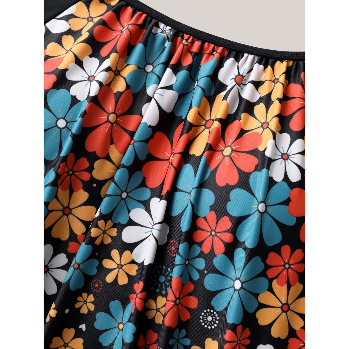 Plus Size Floral Print Cut-Out Swim Top Women's Swimwear Black Beach Patchwork High stretch Bodycon U-neck Curve Swim Tops BloomChic 14-16/1X Product Image