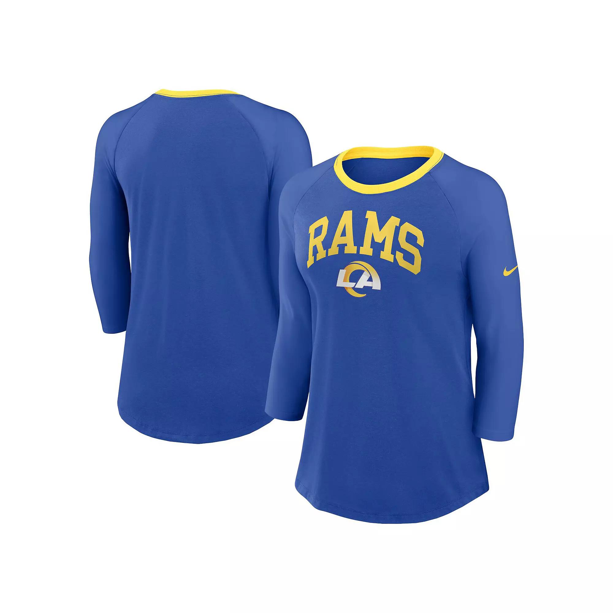 Women's Nike Royal Los Angeles Rams Raglan 3/4 Sleeve T-Shirt,  Product Image