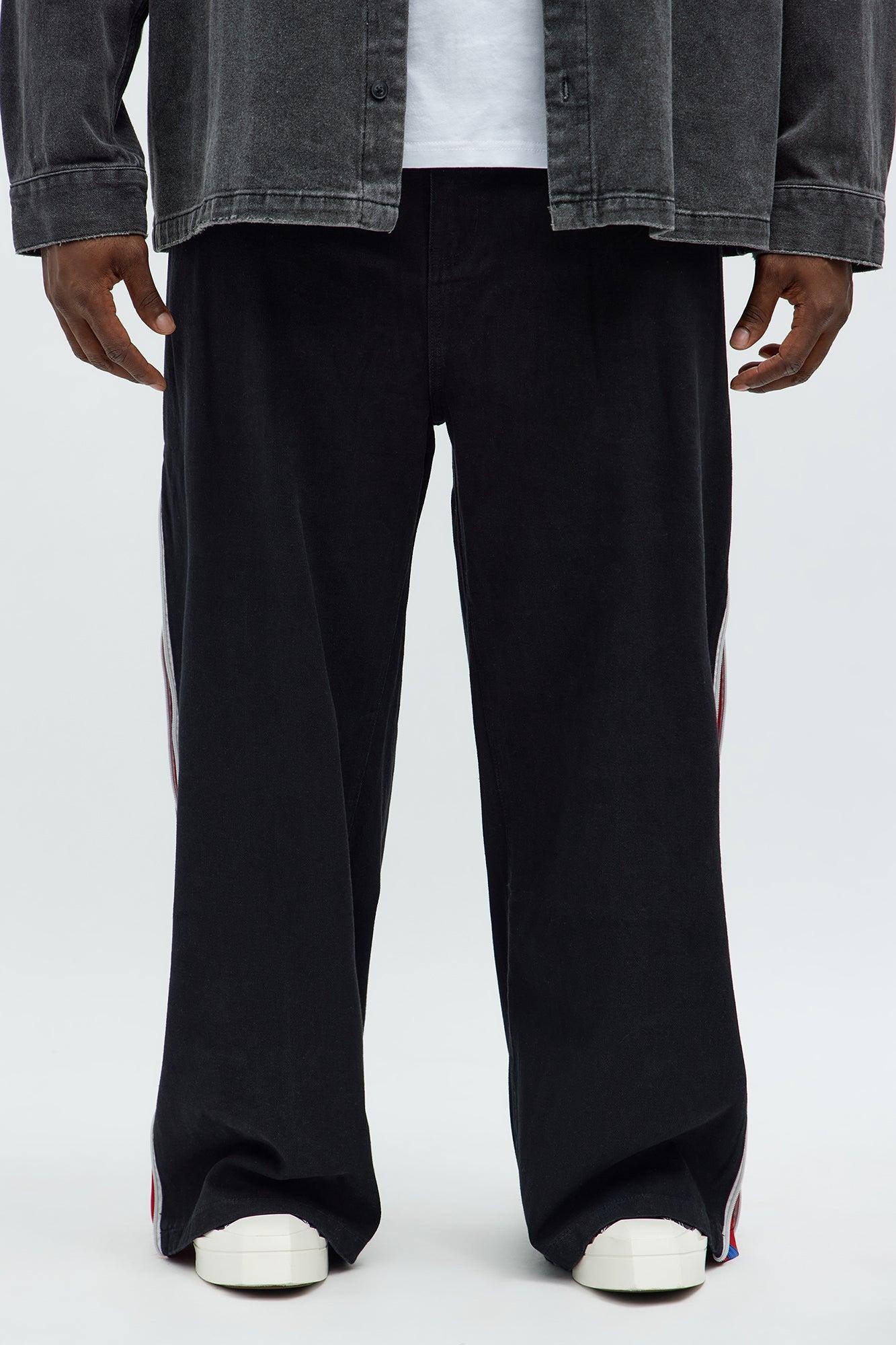 Baggy Side Stripe Zip Hit Jeans - Black Male Product Image