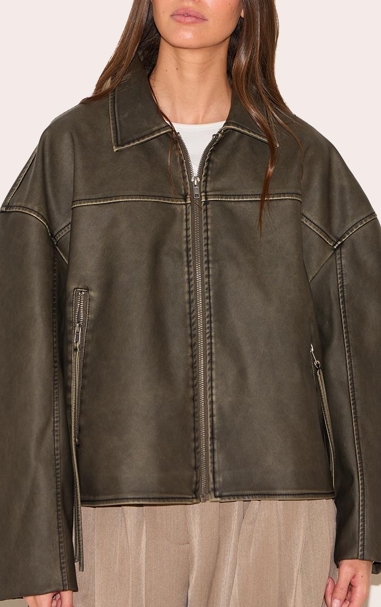 Brown Distressed Look Zip Boxy Trim Detail Biker Jacket Product Image