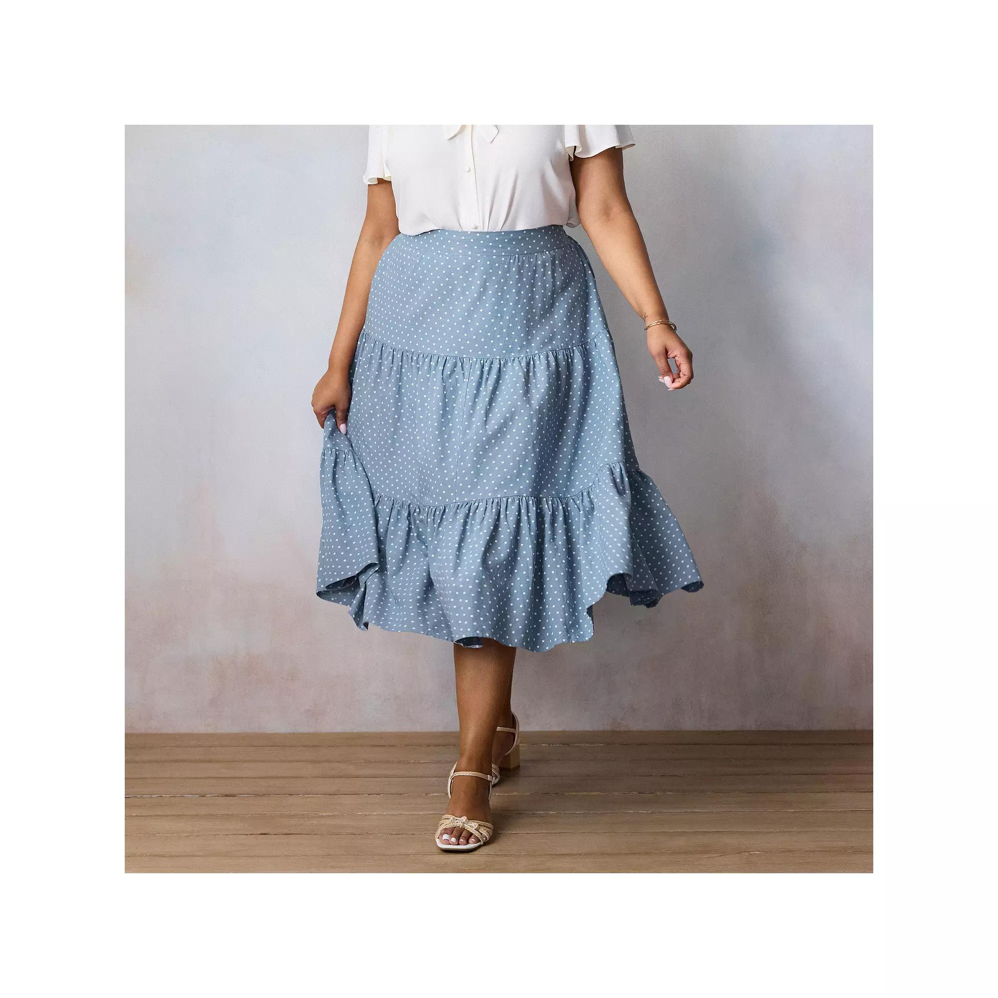 Plus Size LC Lauren Conrad Three Tier Midi Skirt, Women's, Size: 0X, Blue Gilda Dot Product Image