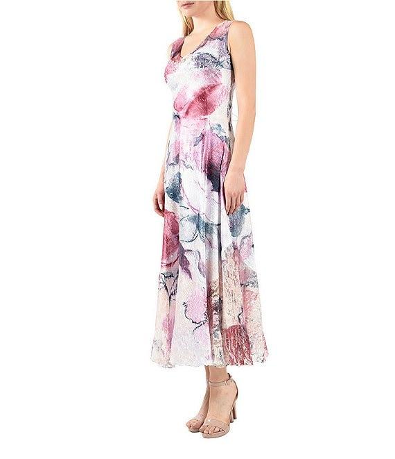 Komarov Floral Charmeuse Lace V-Neck Sleeveless Fit & Flare Midi Dress Product Image