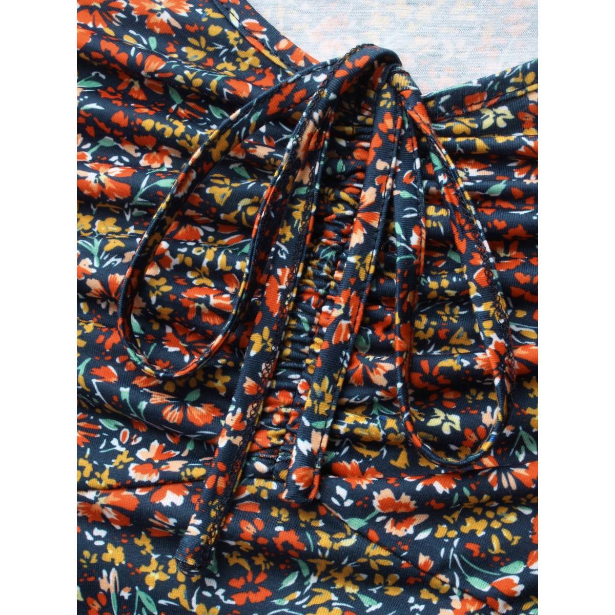 Plus Size Ditsy Floral Drawstring Midi Dress DarkBlue Women Casual Drawstring Knit Dresses Bloomchic 26/4X Product Image