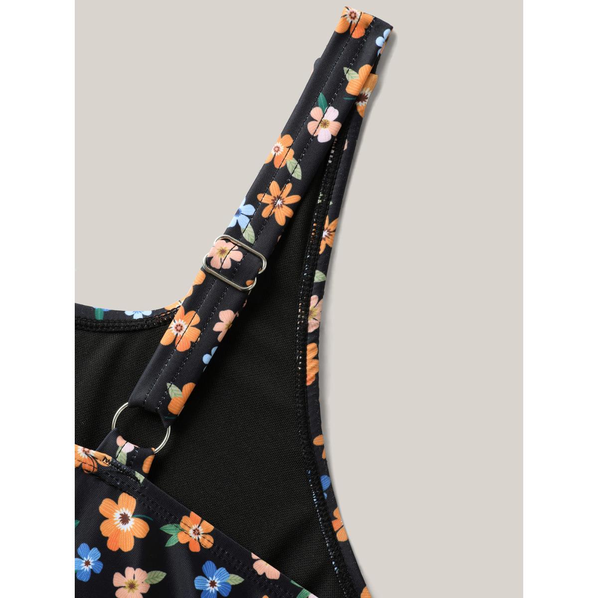 Plus Size Colorful Floral Print Adjustable Swim Dress Women's Swimwear Black Beach Bodycon U-neck High stretch Curve Swim Dresses BloomChic 18-20/2X Product Image