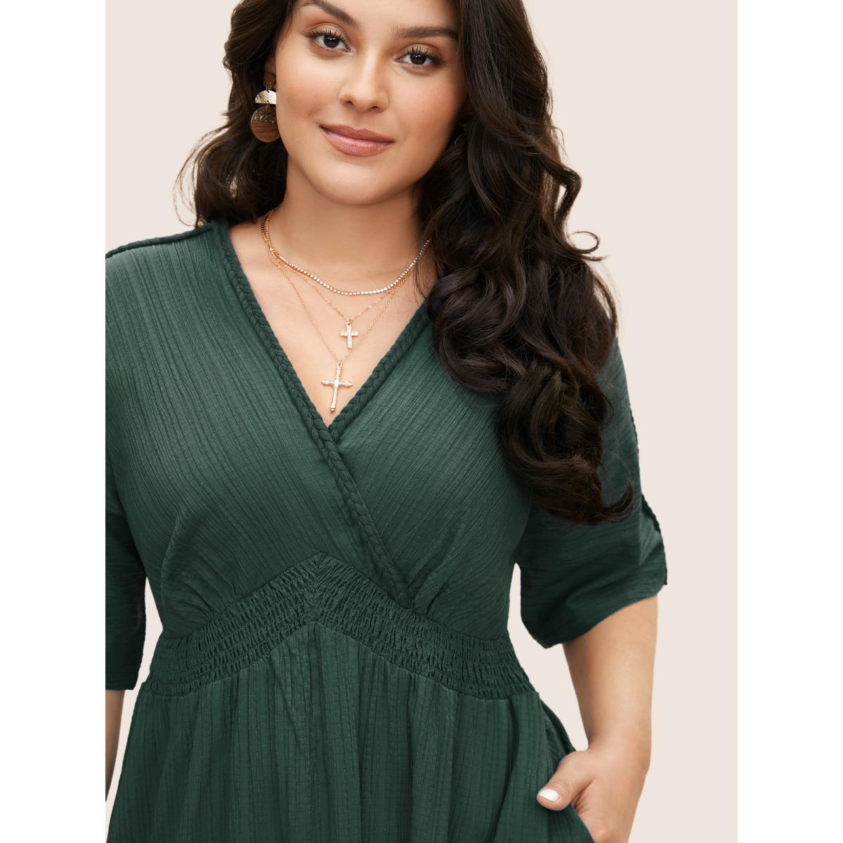 Plus Size V Neck Shirred Contrast Webbing Split Side Dress DarkGreen Women Boho Texture V-neck Half Sleeve Curvy BloomChic 12/L Product Image