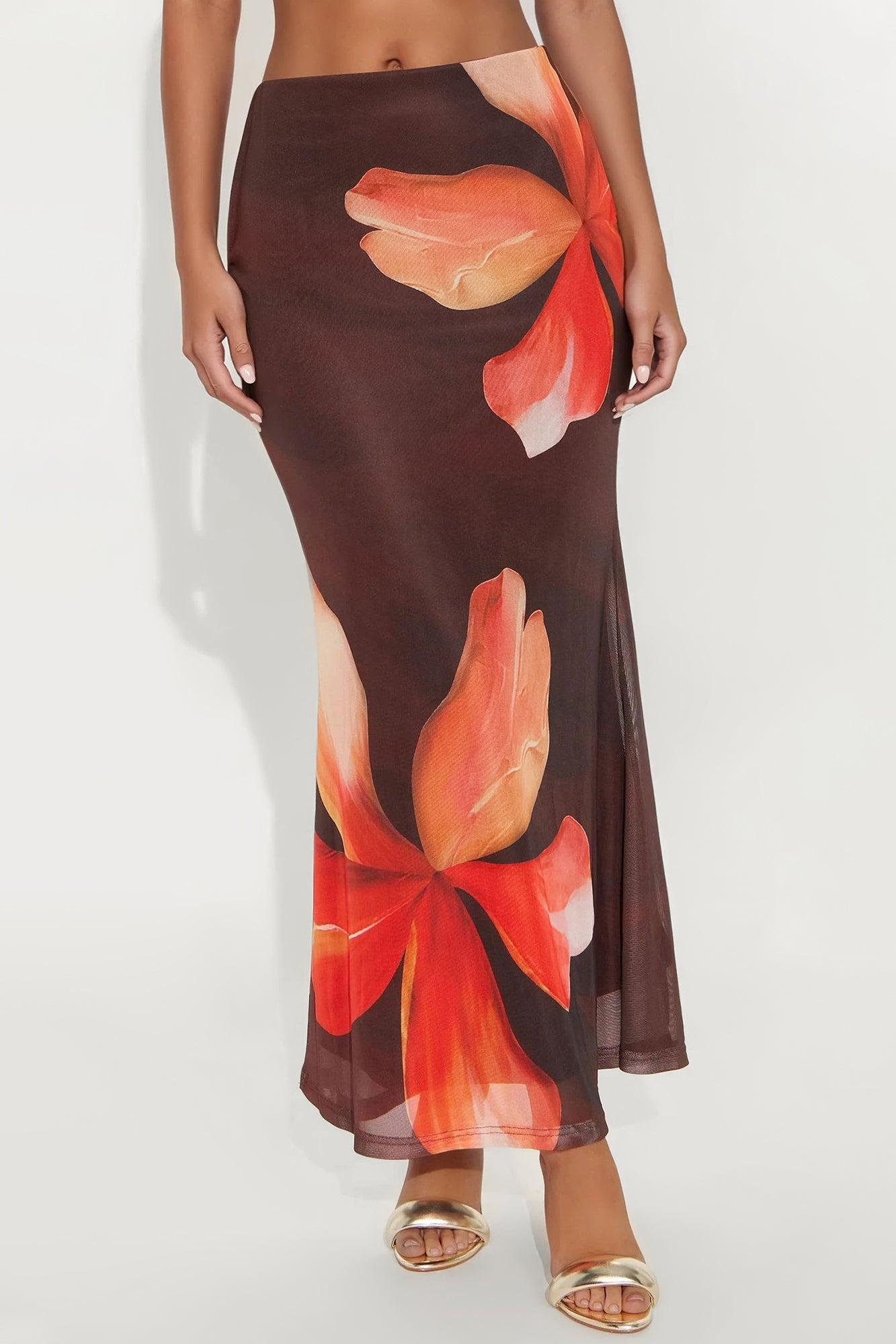 Into The Night Floral Mesh Maxi Skirt - Brown/combo Female Product Image