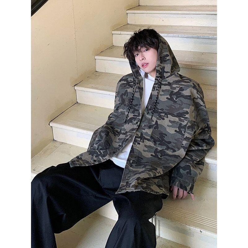 Drop Shoulder Hooded Washed Denim Shirt Jacket Product Image