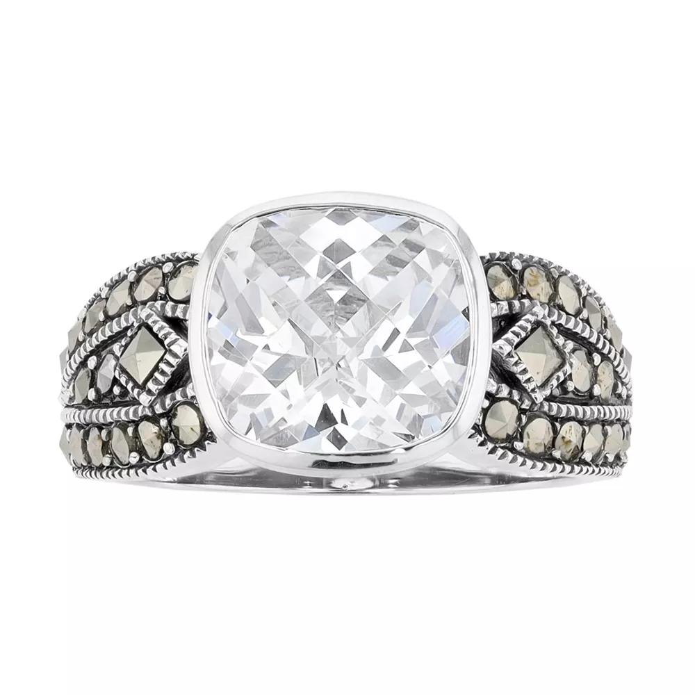 Lavish by TJM Sterling Silver Cushion White Cubic Zirconia & Marcasite Ring, Women's,  Product Image