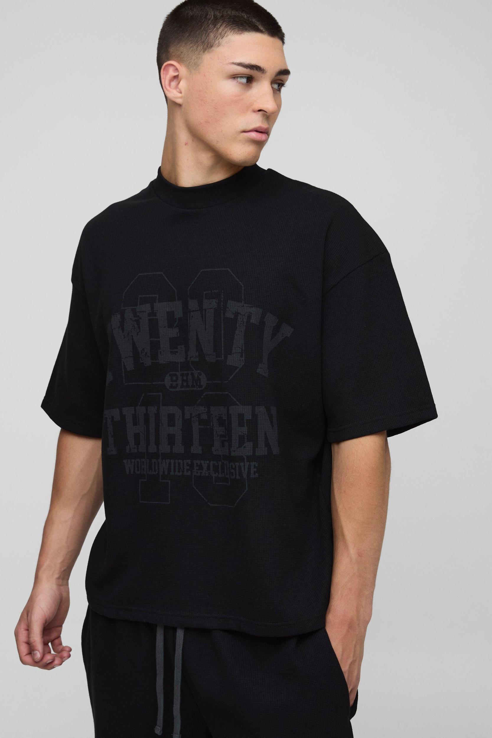 Oversized Waffle Varsity Printed T-Shirt And Short Set | boohooMAN USA Product Image