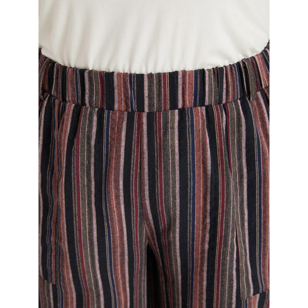 Plus Size Striped Print Pocket Elastic Waist Pants Women Indigo Resort Straight Leg High Rise Vacation Pants BloomChic 28/5X Product Image