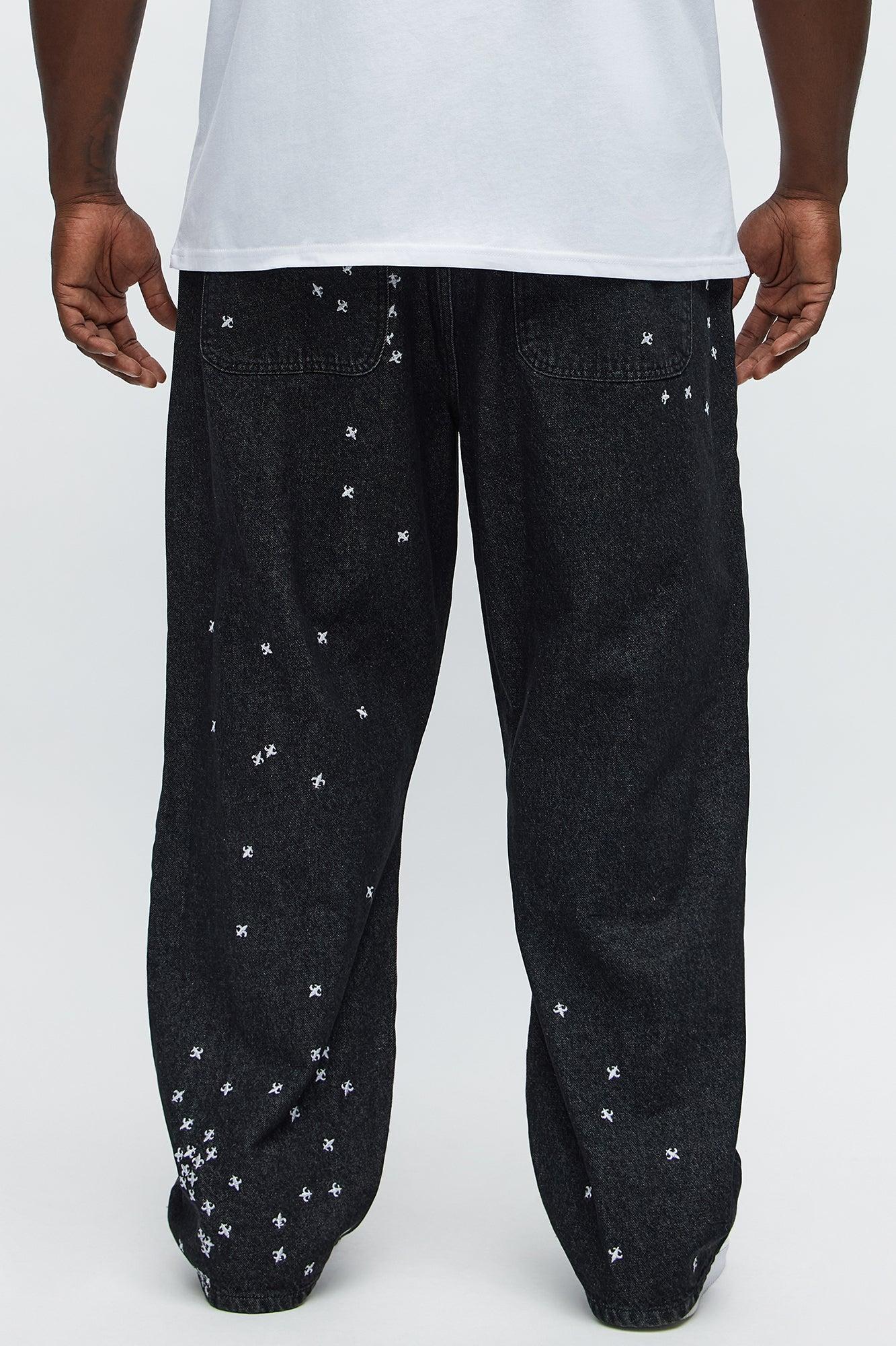 Baggy Embroidered Crosses Jeans - Black Male Product Image