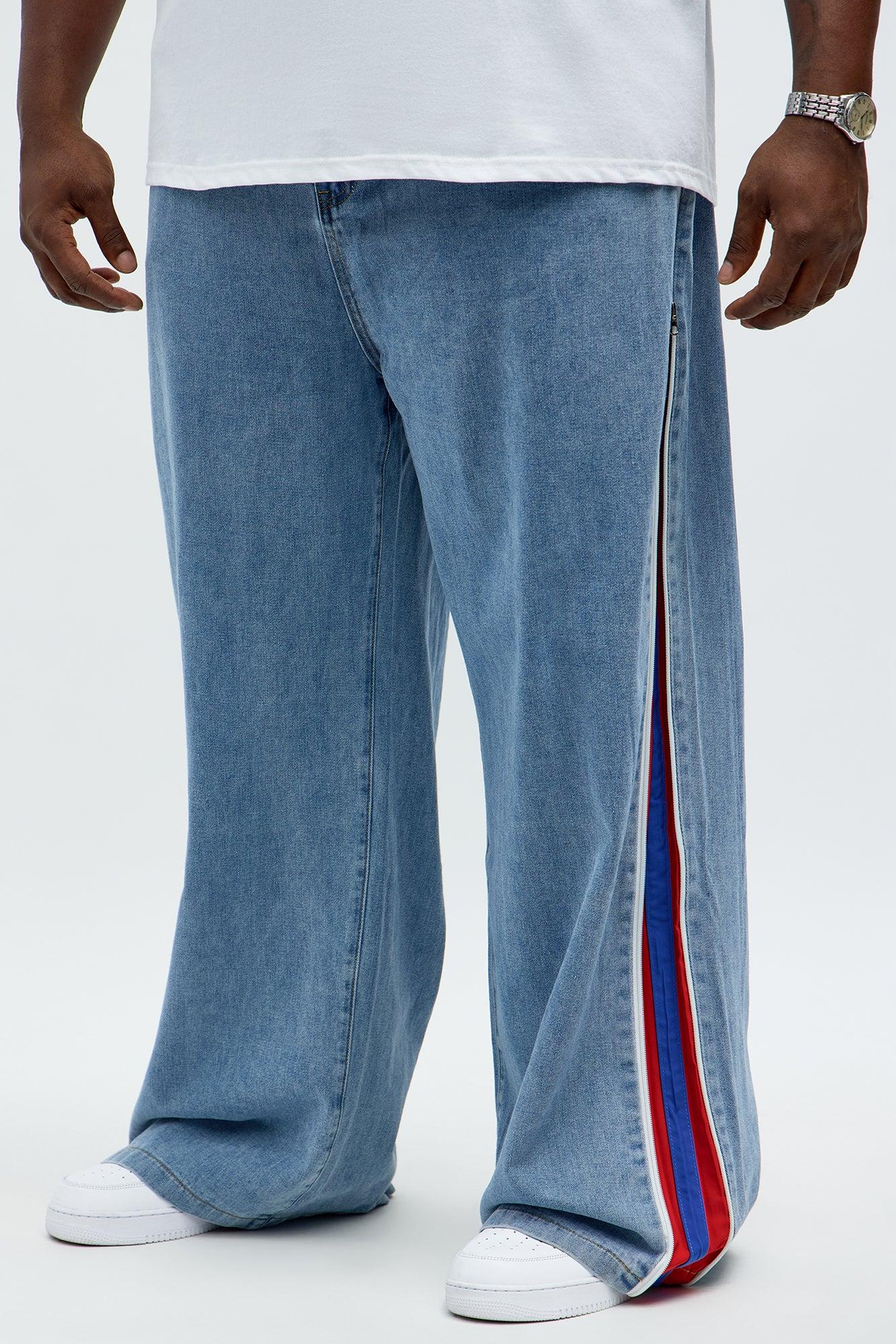 Baggy Side Stripe Zip Hit Jeans - Medium Blue Wash Male Product Image