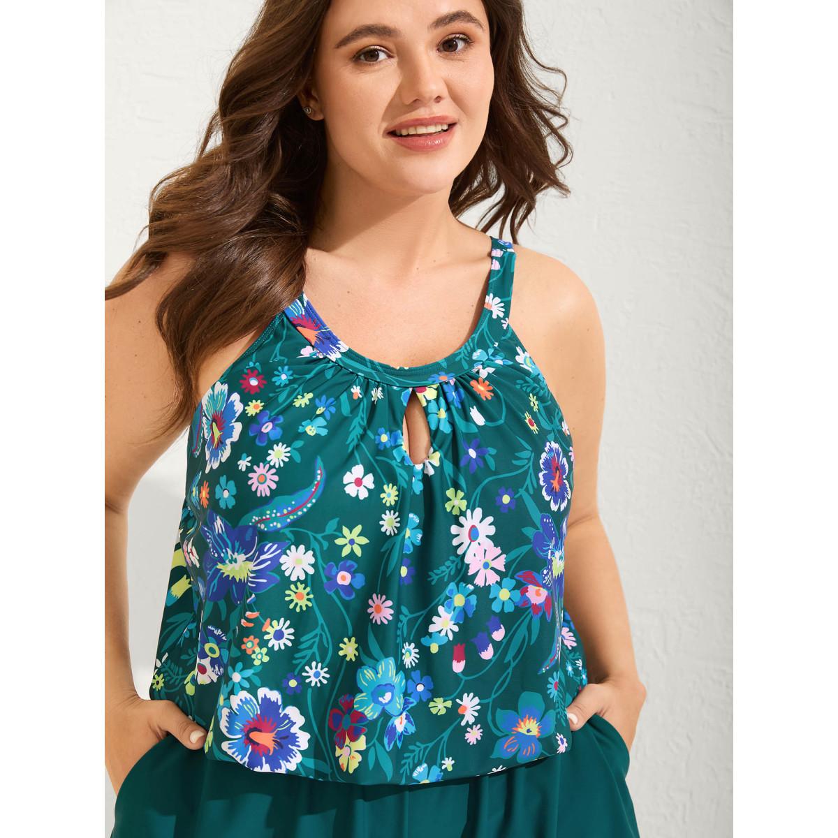 Plus Size Floral Print Keyhole Pockets Swim Romper Women's Swimwear Cyan Resort Curve Bathing Suits High stretch One Pieces BloomChic 10/M Product Image