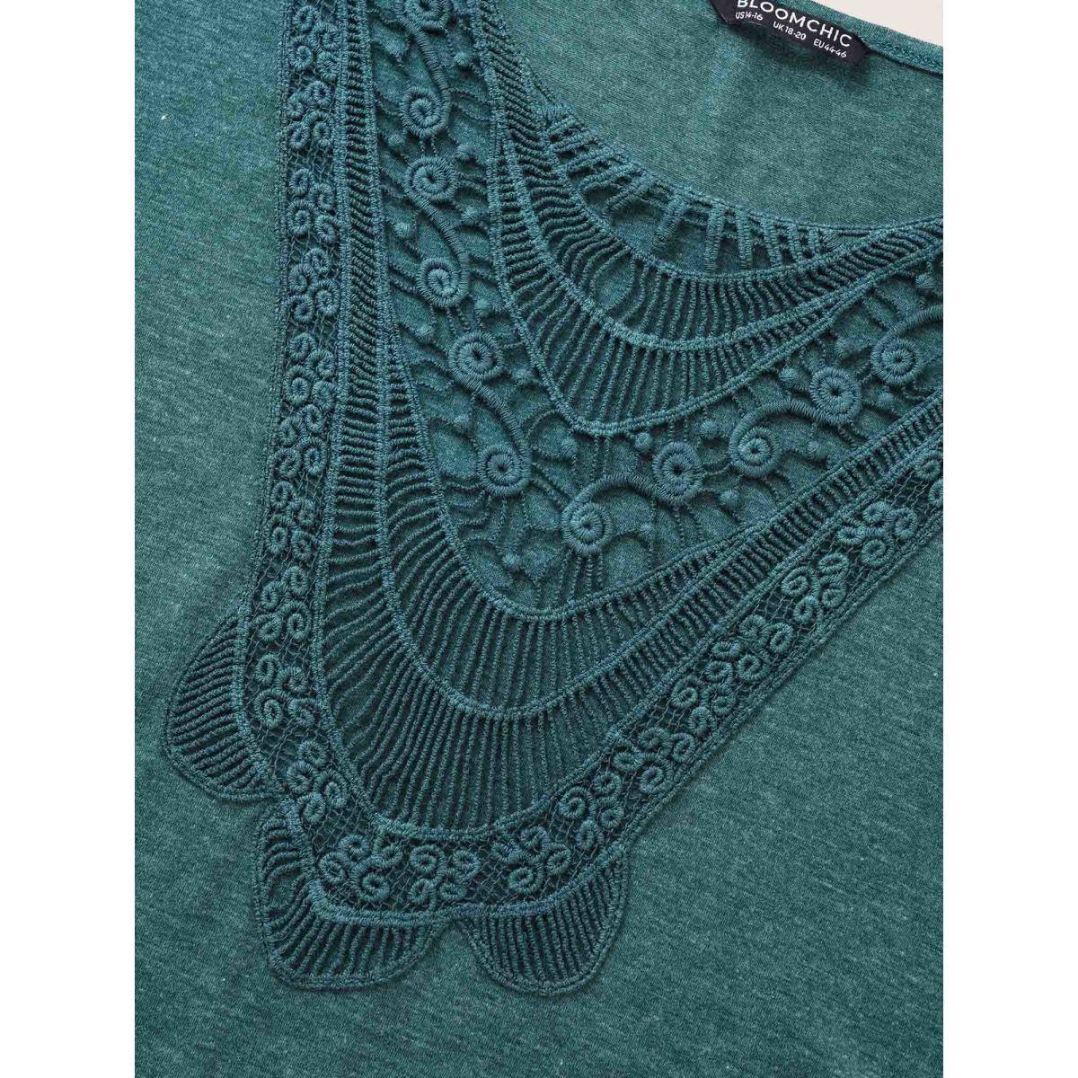 Plus Size Solid Eyelet Lace Curved Hem T-shirt DarkGreen Women Elegant Cut-Out Plain Round Neck Everyday T-shirts BloomChic 10/M Product Image