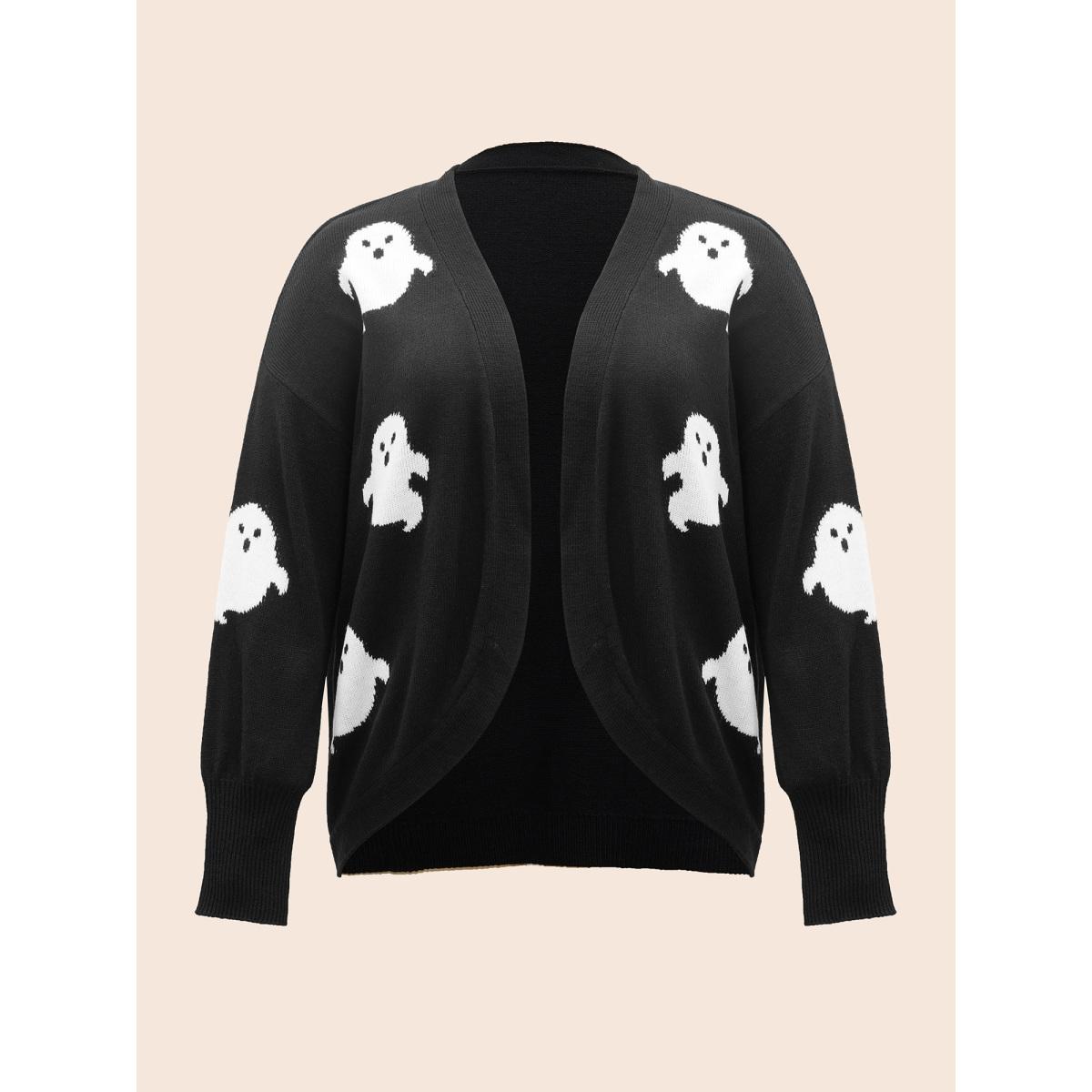 Plus Size Happy Ghost Jacquard Arc Cardigan Black Women Playful Loose Long Sleeve Casual Cardigans BloomChic 22-24/3X Product Image