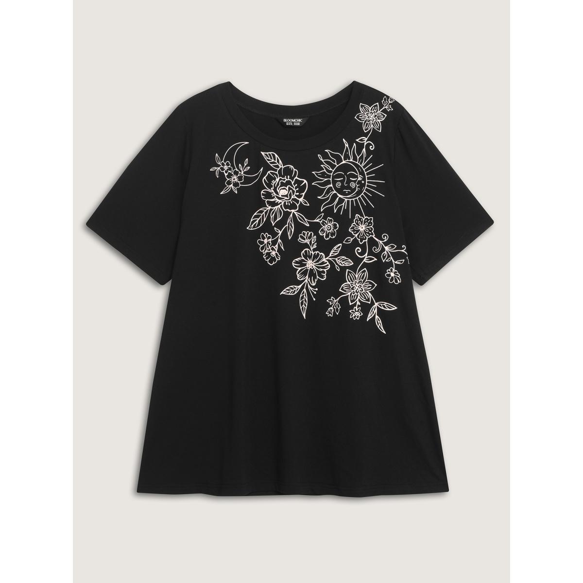 Plus Size Floral Print Stretchy Round Neck T-Shirt Black Women Leisure Non Round Neck Casual T-shirts BloomChic 22-24/3X Product Image