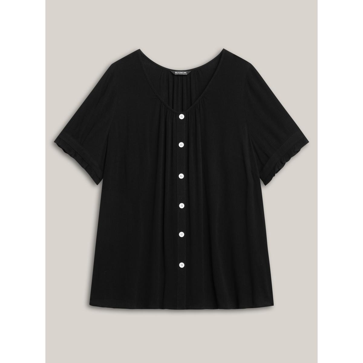 Plus Size Black Textured Button Detail Pleated Solid Top Women Leisure Short sleeve Round Neck Casual Blouses BloomChic 18-20/2X Product Image