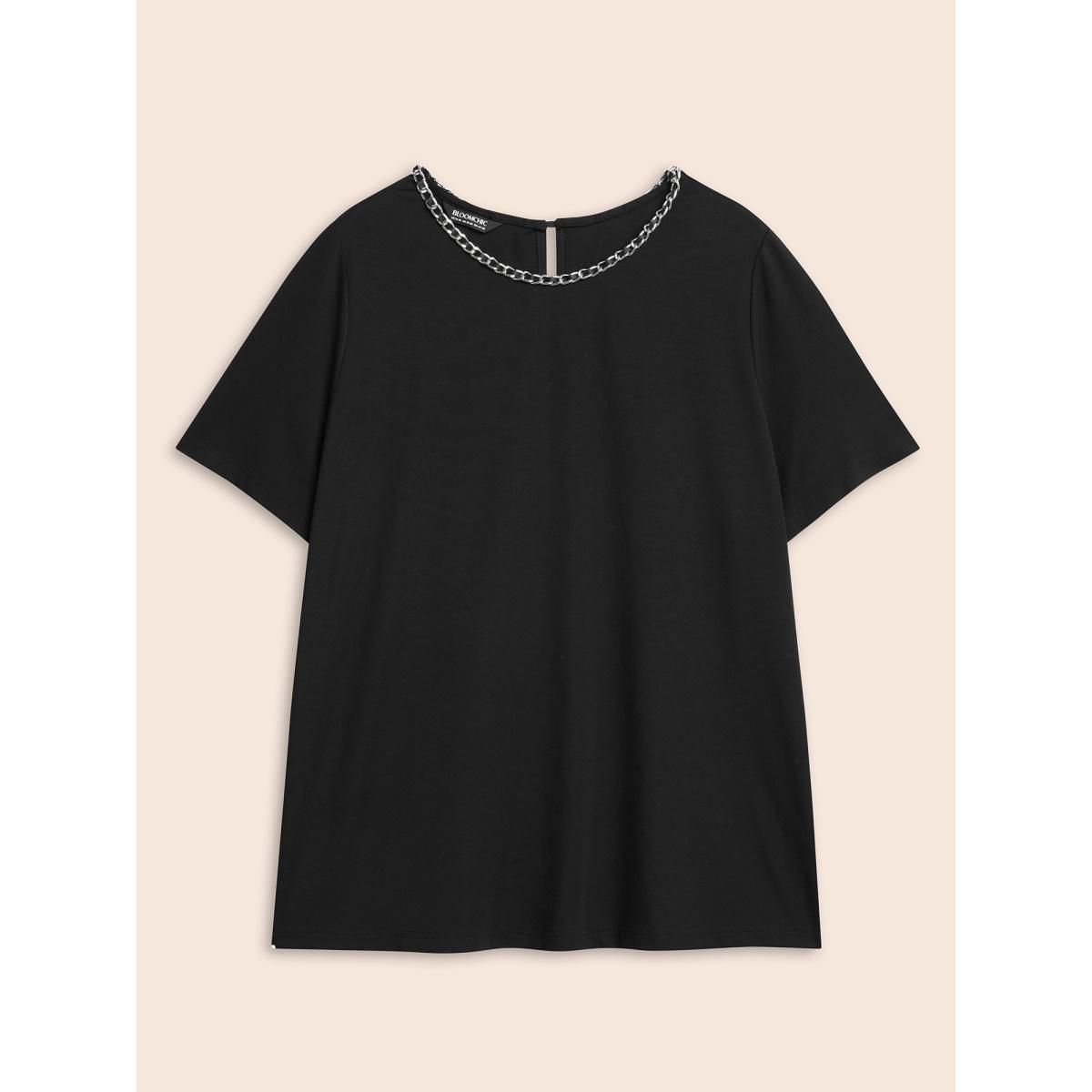 Plus Size Crew Neck Metal Chain Detail T-shirt Black Women Casual Non Round Neck Everyday T-shirts BloomChic 10/M Product Image