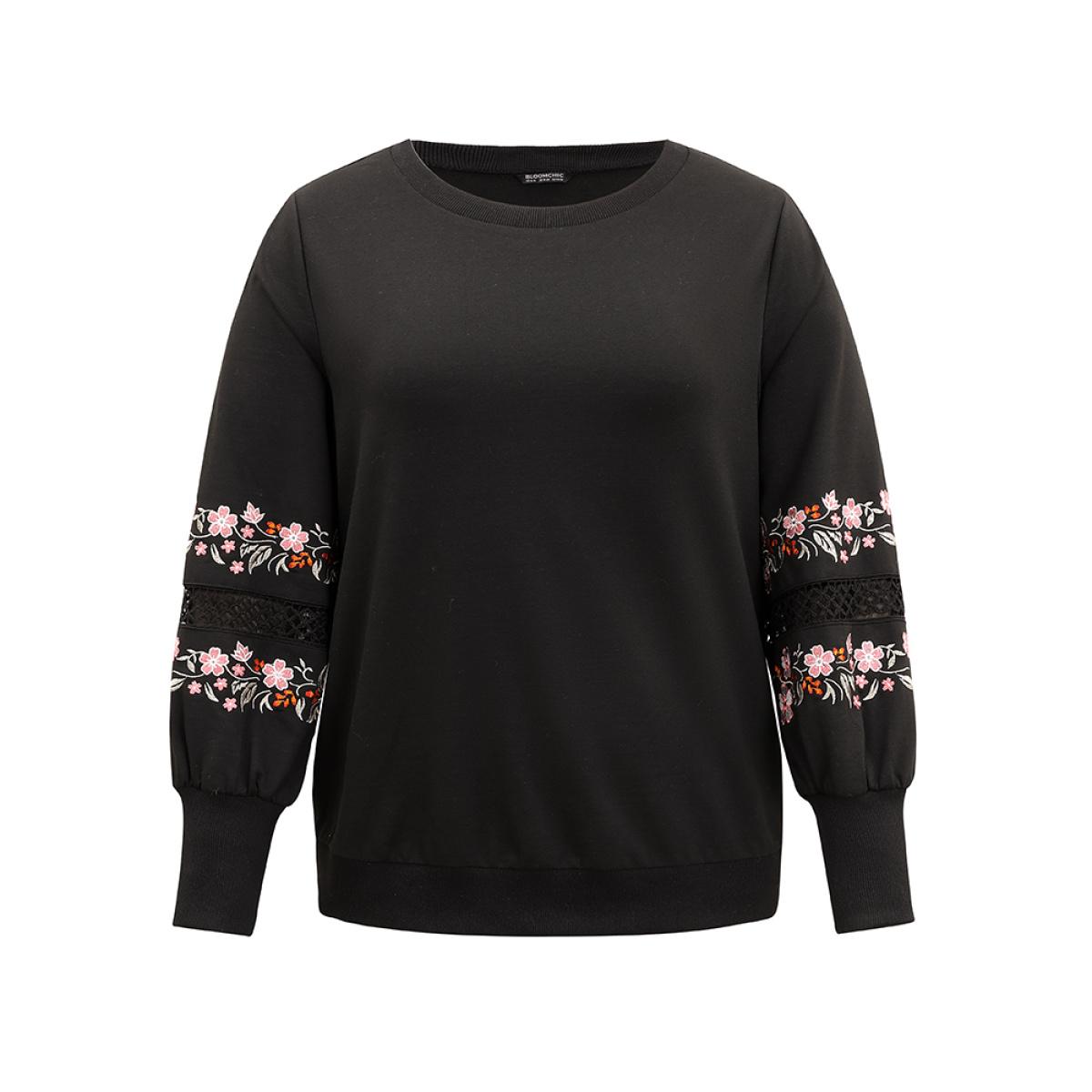 Plus Size Floral Embroidered Lace Insert Sweatshirt Women Black Elegant Lace Round Neck Dailywear Sweatshirts BloomChic 14-16/1X Product Image