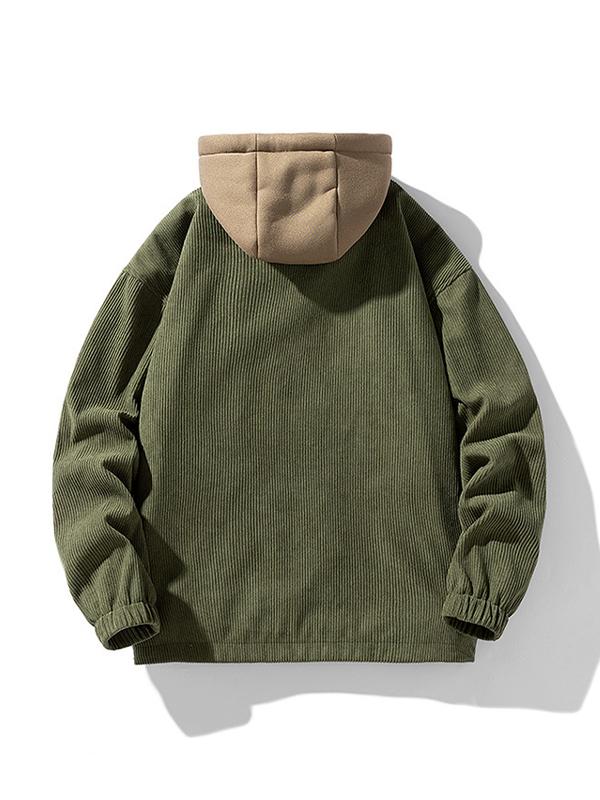 Men's Corduroy Contrast Color Hooded Zip Up Jacket Product Image