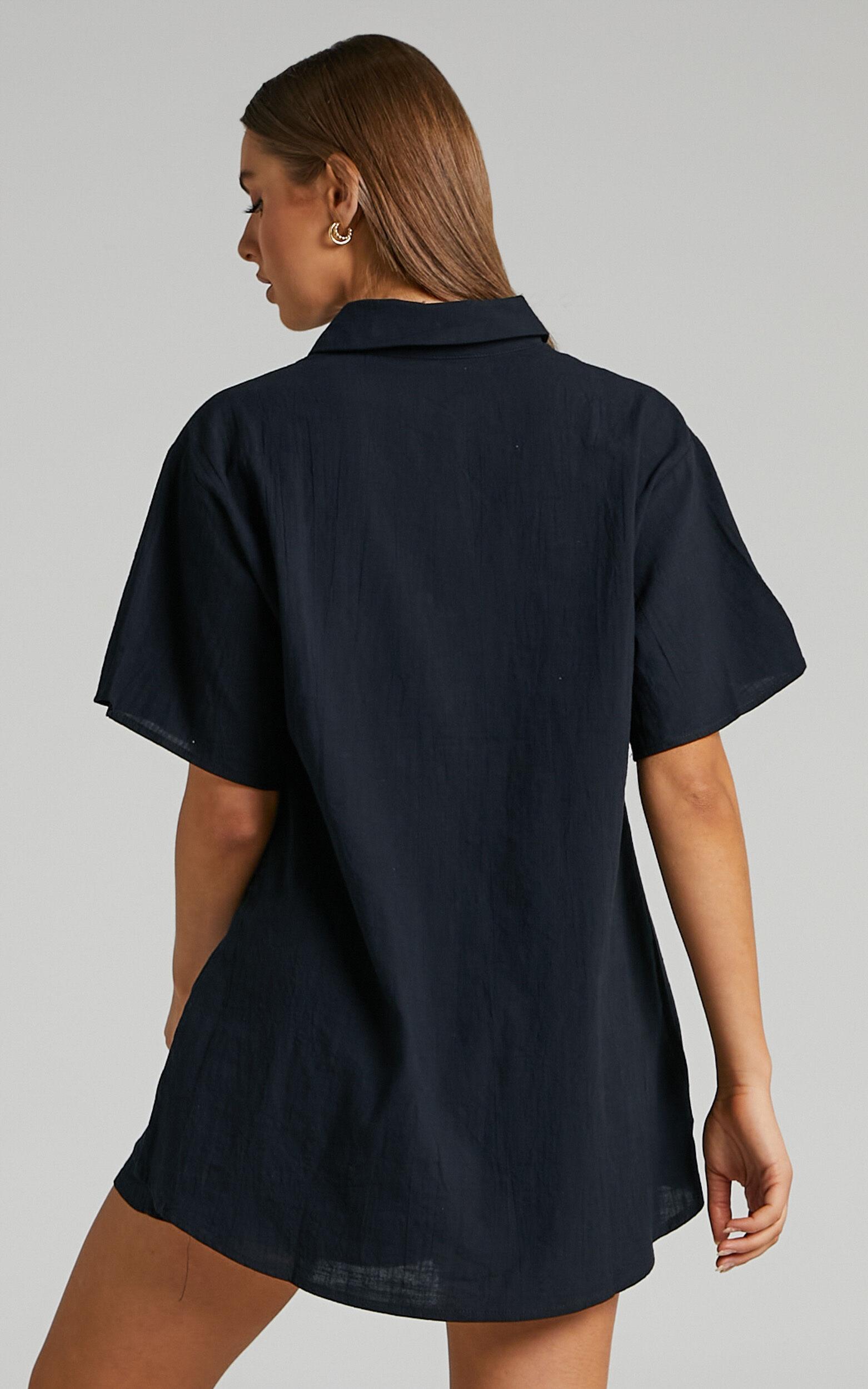 Vina Del Mar Two Piece Set - Linen Look Shirt and Shorts Set in Black Product Image