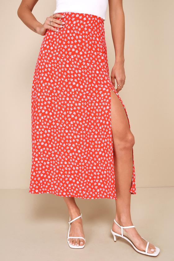 Cute Desires Red Ditsy Floral Print High-Rise Midi Skirt Product Image