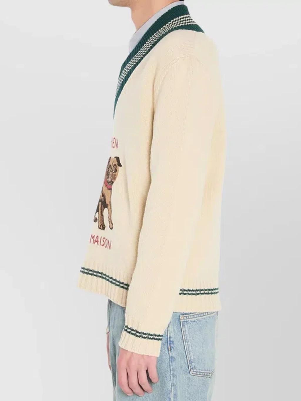 VALENTINO Embroidered V-neck Crewneck Sweater With Ribbed Trim In White Product Image