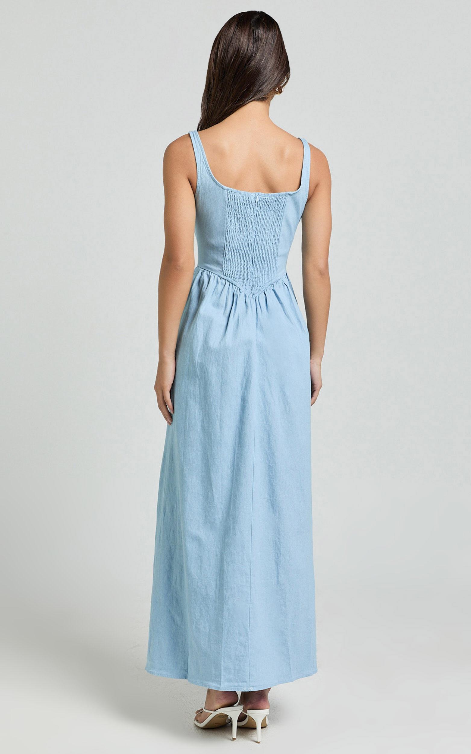 Rhaziya Midi Dress - Sleeveless Straight Neck Fit and Flare Dress in Blue Product Image