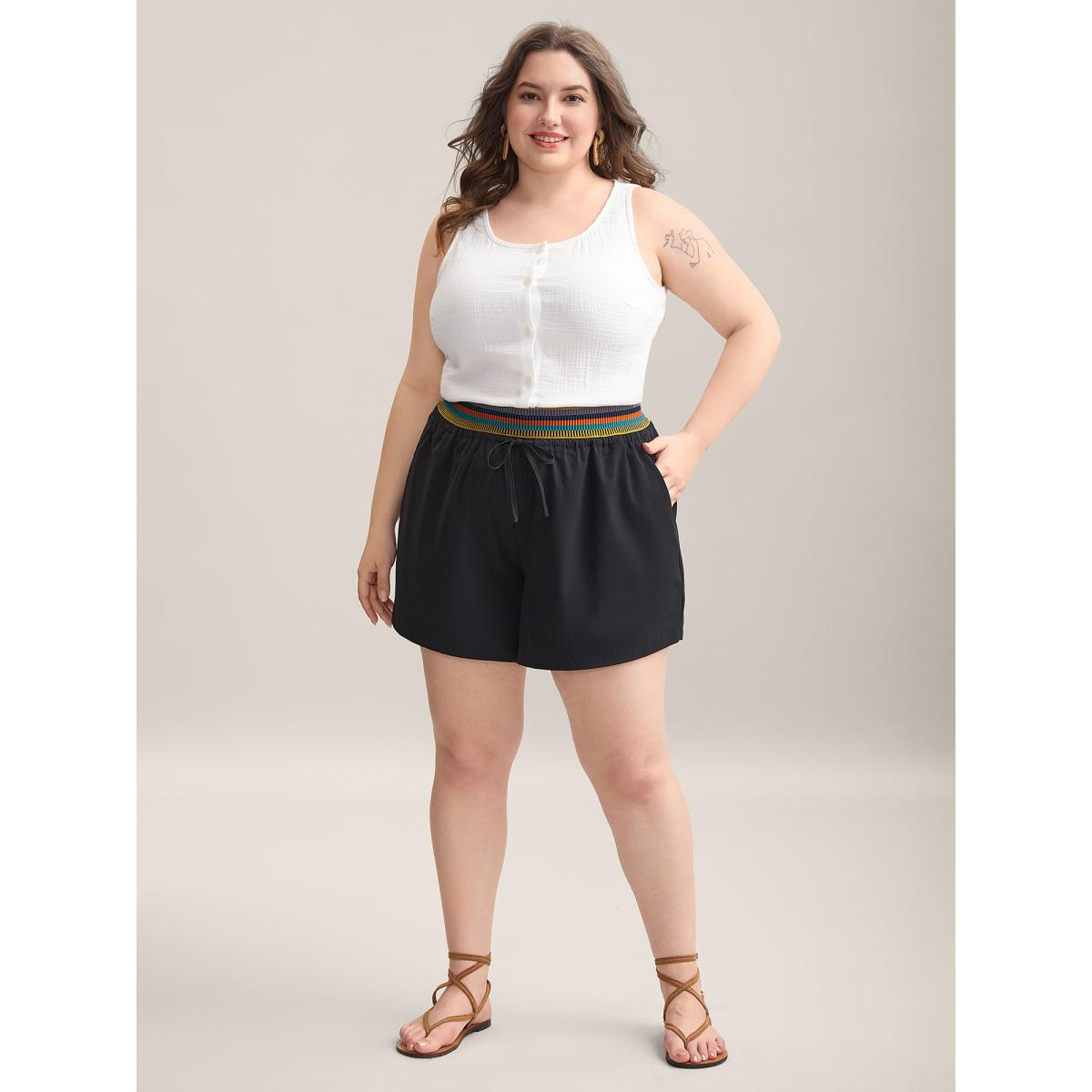 Plus Size Colorful Thread Waist Wide-Leg Shorts Women Black Casual Drawstring Wide Leg Casual Shorts BloomChic 10/M Product Image