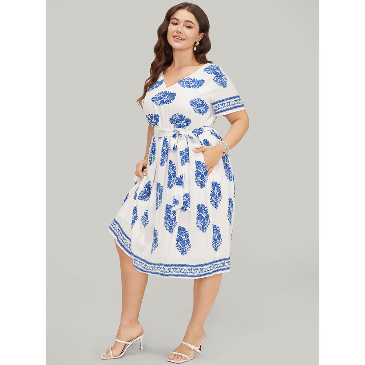Plus Size Floral Print Pocket Belted Ruffle Hem Knee Dress Blue Women Vacation Printed V-neck Short sleeve Curvy Knee Dress BloomChic 22-24/3X Product Image