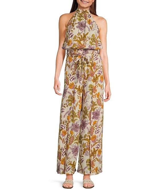 Angie Floral Print Mid Rise Elastic Waist Split Coordinating Wide Leg Pants Product Image