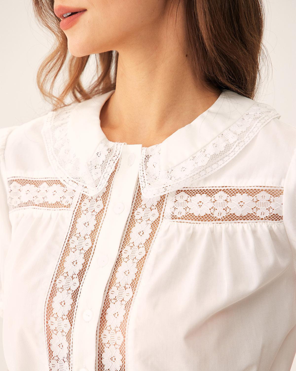 White Floral Puffed Sleeve Cropped Blouse Product Image