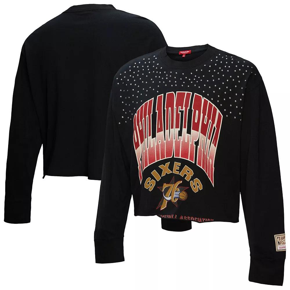 Women's Mitchell & Ness  Black Philadelphia 76ers Hardwood Classics Studded Boxy Cropped Long Sleeve T-Shirt, Size: Medium, 76r Black Product Image