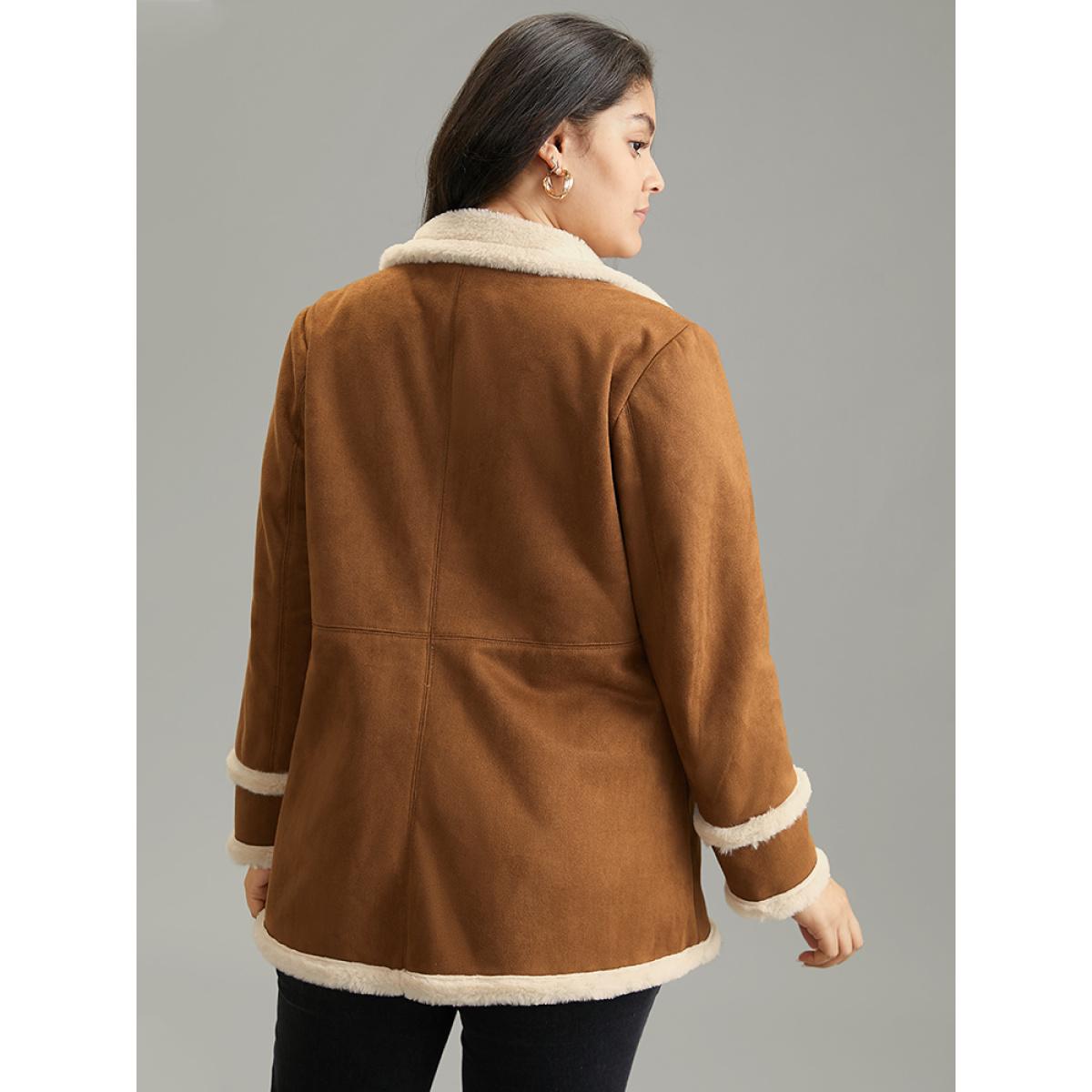 Plus Size Faux Suede Buckle Detail Fuzzy Trim Coat Women Chocolate Casual Lined Ladies Dailywear Winter Coats BloomChic 12/L Product Image