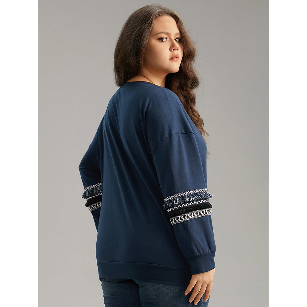 Plus Size Tassels Trim Layered Patchwork Sweatshirt Women DarkBlue Elegant Tassels Round Neck Dailywear Sweatshirts BloomChic 28/5X Product Image