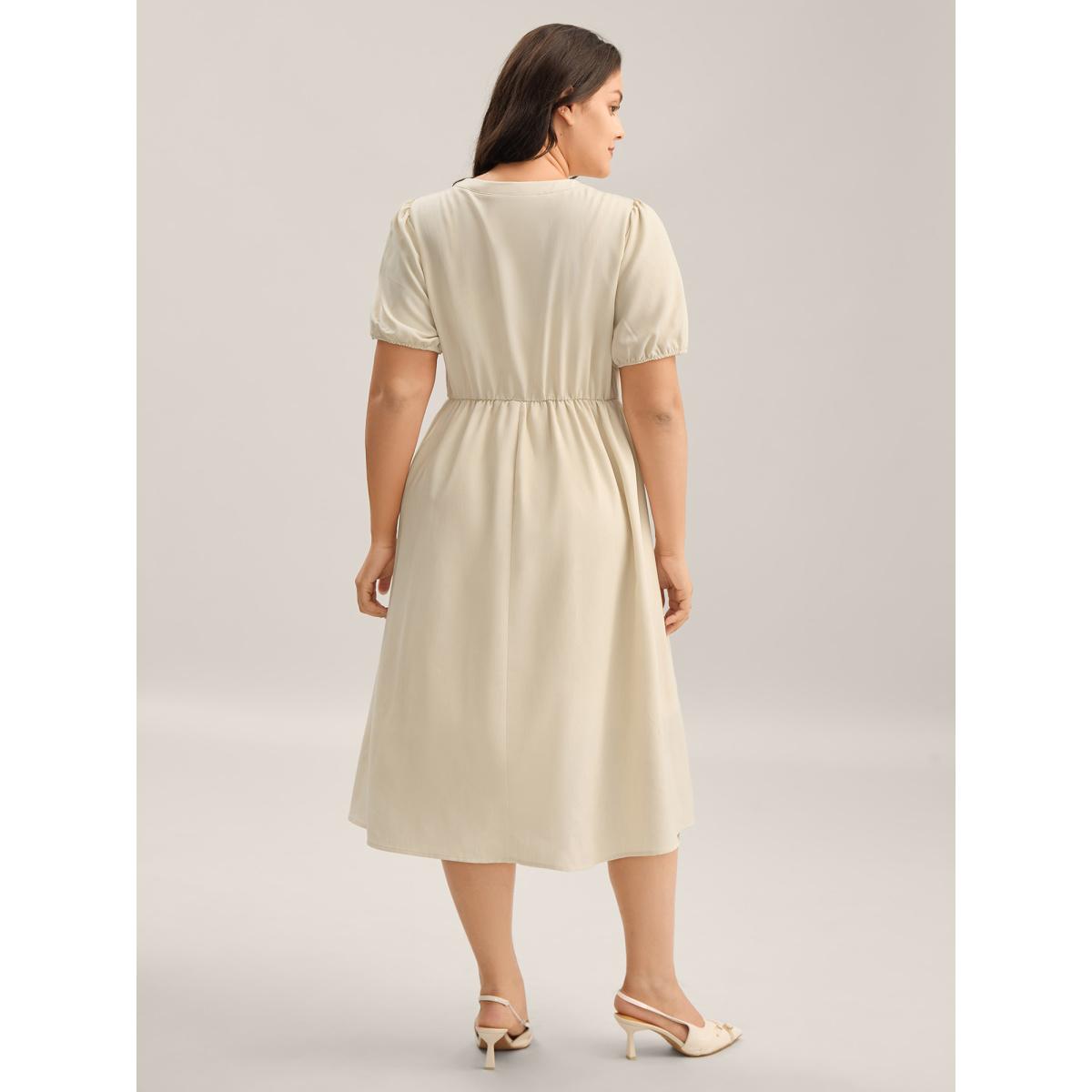 Plus Size Lace Trim Solid Pockets Midi Dress Beige Women Flat collar Short sleeve Curvy BloomChic 14-16/1X Product Image