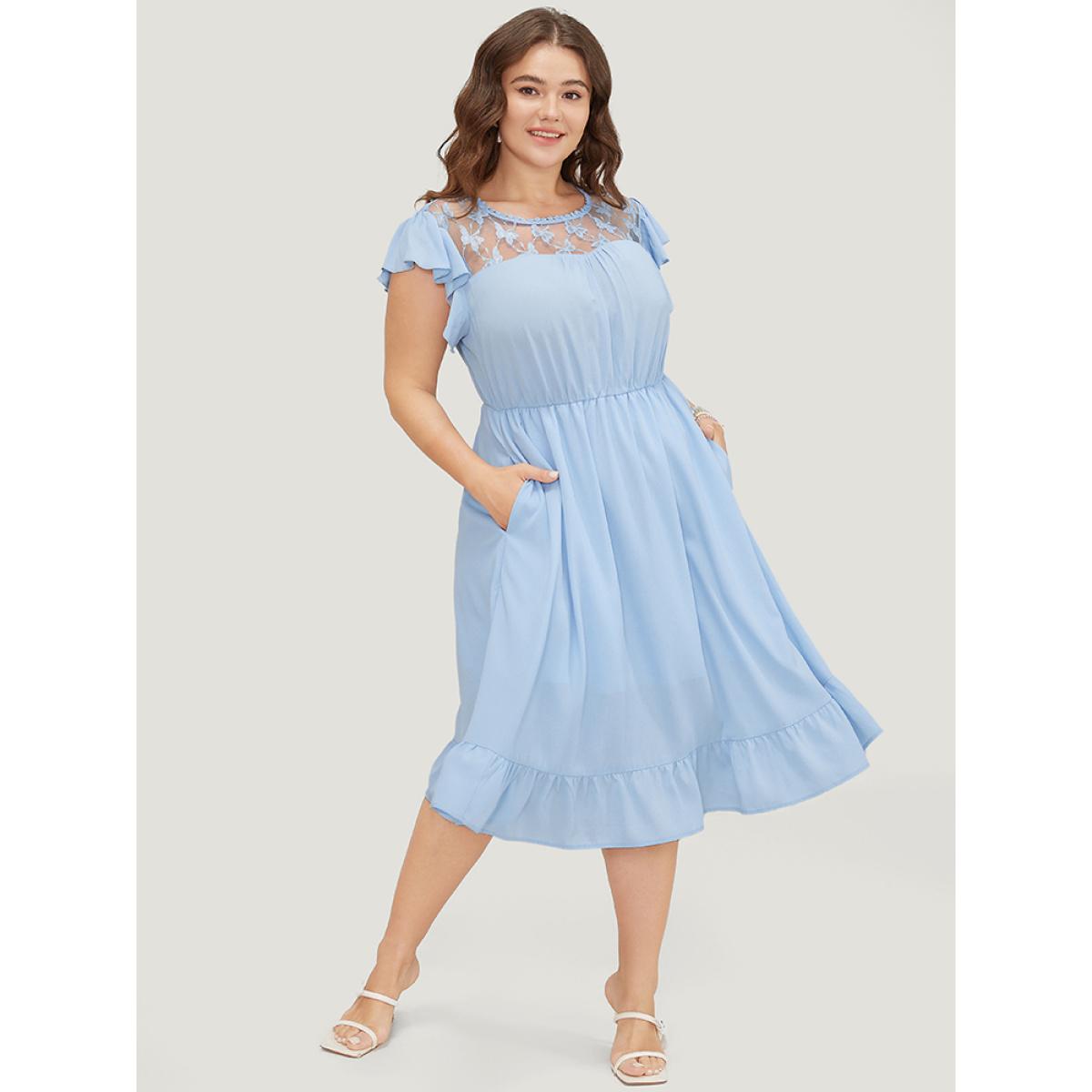Plus Size Plain Butterfly Lace Cap Sleeve Pocket Ruffle Hem Dress LightBlue Women Office Lined Round Neck Cap Sleeve Curvy Midi Dress BloomChic 14-16/1X Product Image