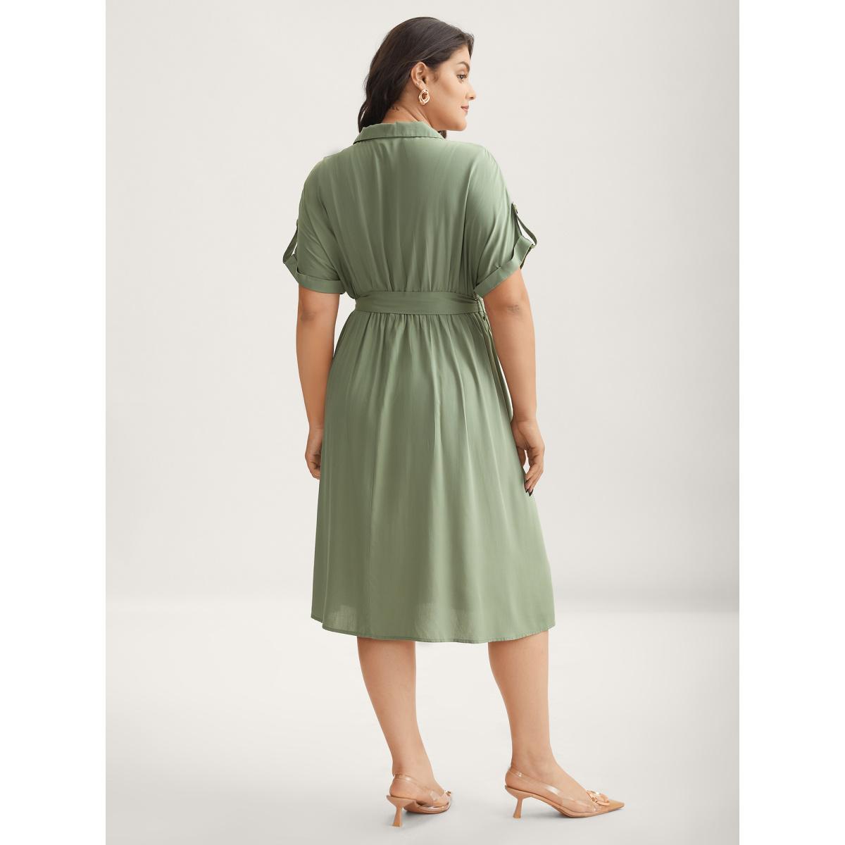 Plus Size Rayon Button Detail Belted Pockets Midi Dress ArmyGreen Women Shirt collar Short sleeve Curvy BloomChic 14-16/1X Product Image