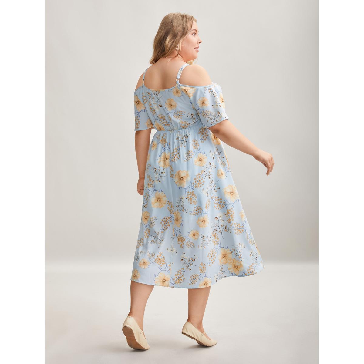 Plus Size Floral Print Cold-Shoulder Pockets Midi Dress LightBlue Women Elegant Non Heart neckline Short sleeve Curvy BloomChic 12/L Product Image