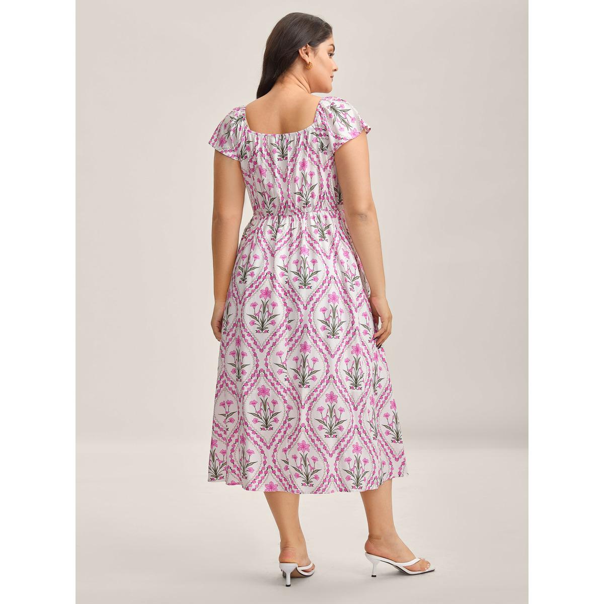 Plus Size Floral Print Pockets Midi Dress Lilac Women Heart neckline Cap Sleeve Curvy BloomChic 28/5X Product Image