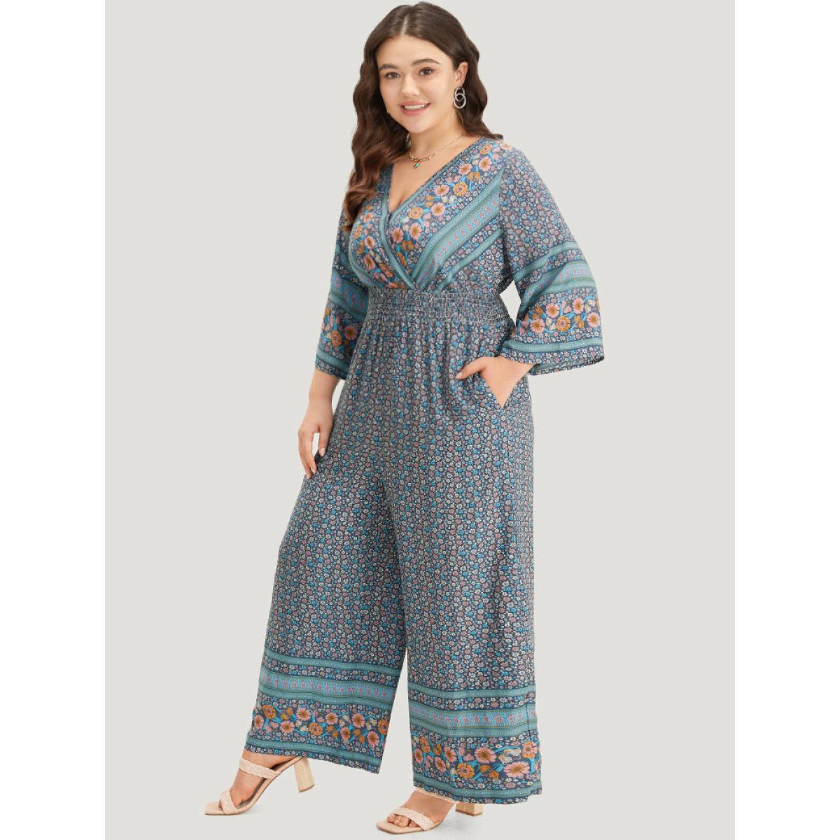 Plus Size Blue Floral Print Shirred Overlap Collar Jumpsuit Women Resort Elbow-length sleeve V-neck Vacation Loose Jumpsuits BloomChic 22-24/3X Product Image