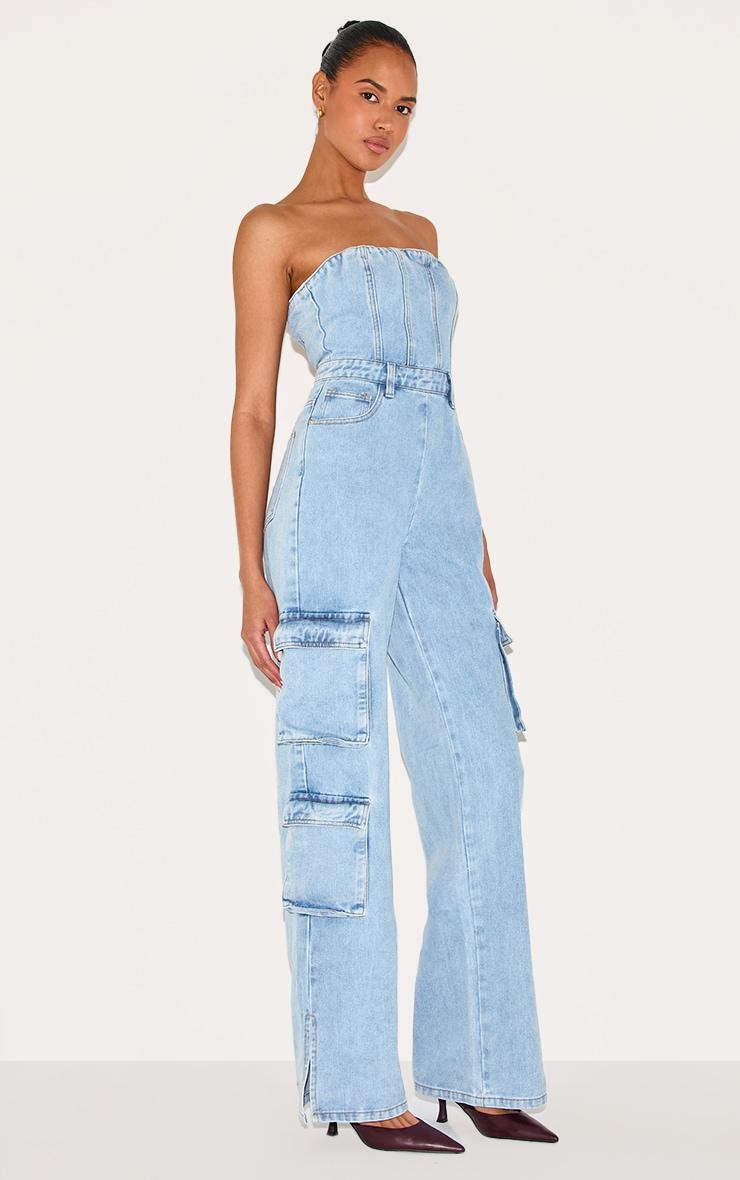 Light Blue Wash Cargo Pocket Bandeau Denim Jumpsuit Product Image