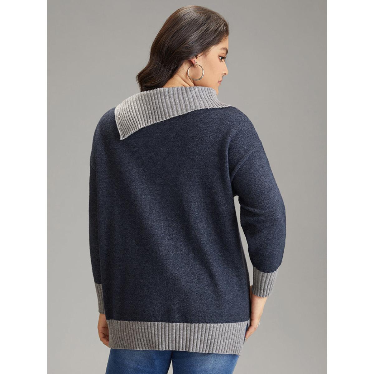 Plus Size Two Tone Button Detail Lapel Collar Pullover Midnight Women Casual Loose Long Sleeve Lapel Collar Dailywear Pullovers BloomChic 26/4X Product Image