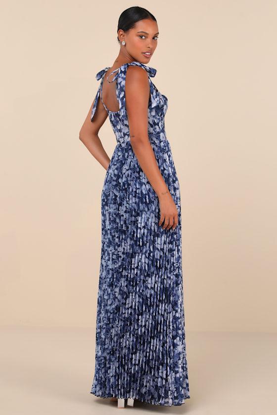 Illustrious Aura Navy Blue Floral Bustier Tie-Strap Maxi Dress Product Image