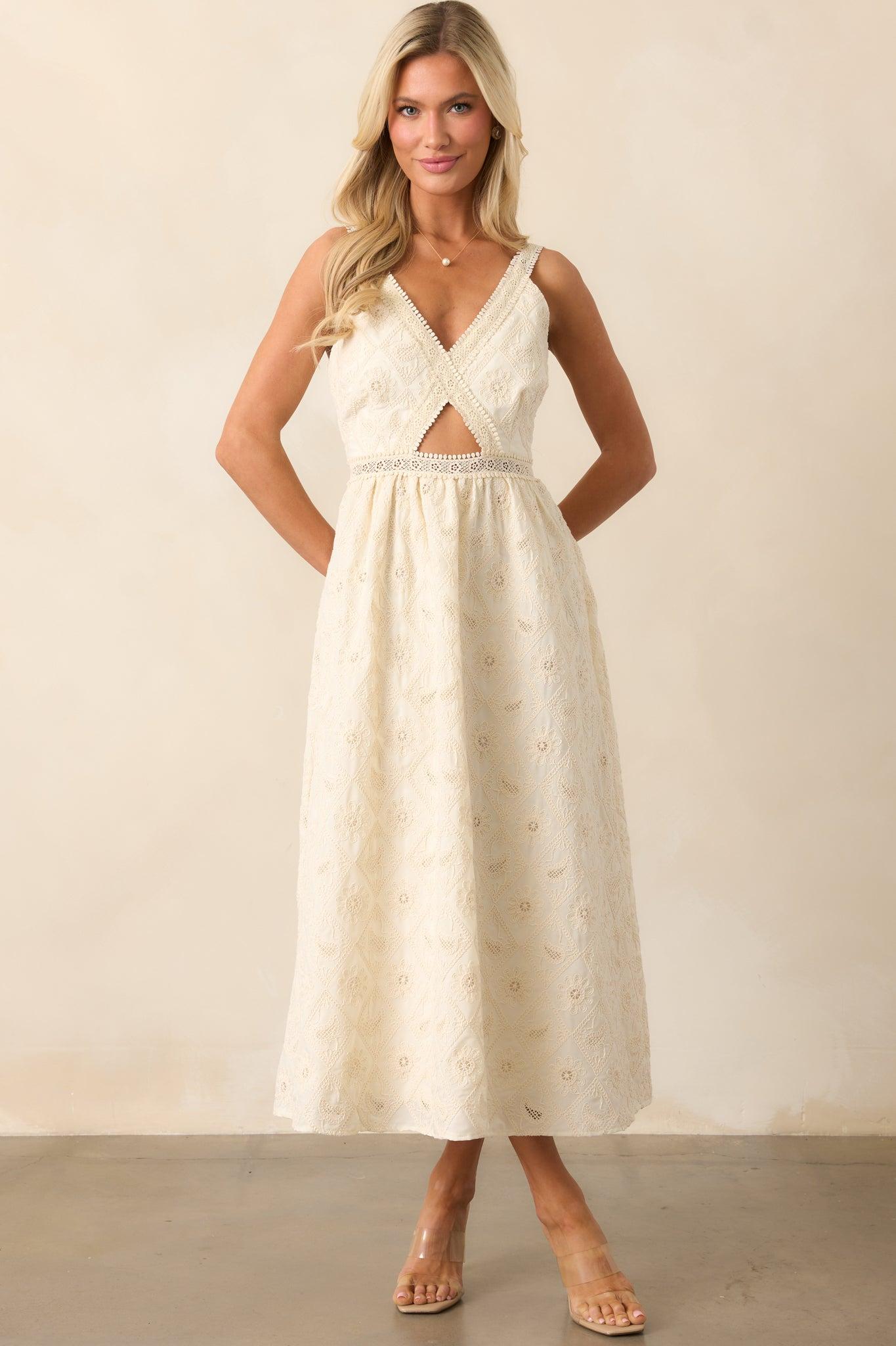 A Touch Of Grace Ivory Embroidered Cutout Midi Dress Product Image