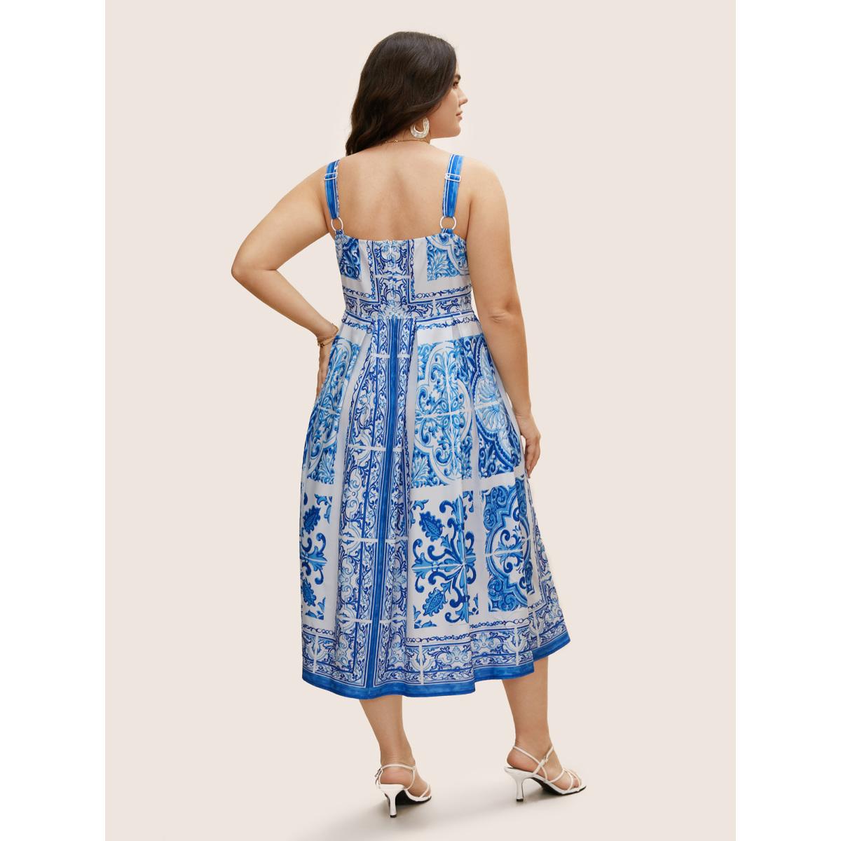 Plus Size Boho Print Square Neck Plicated Detail Midi Dress Mediumblue Women Elegant Pleated Square Neck Sleeveless Curvy BloomChic 12/L Product Image