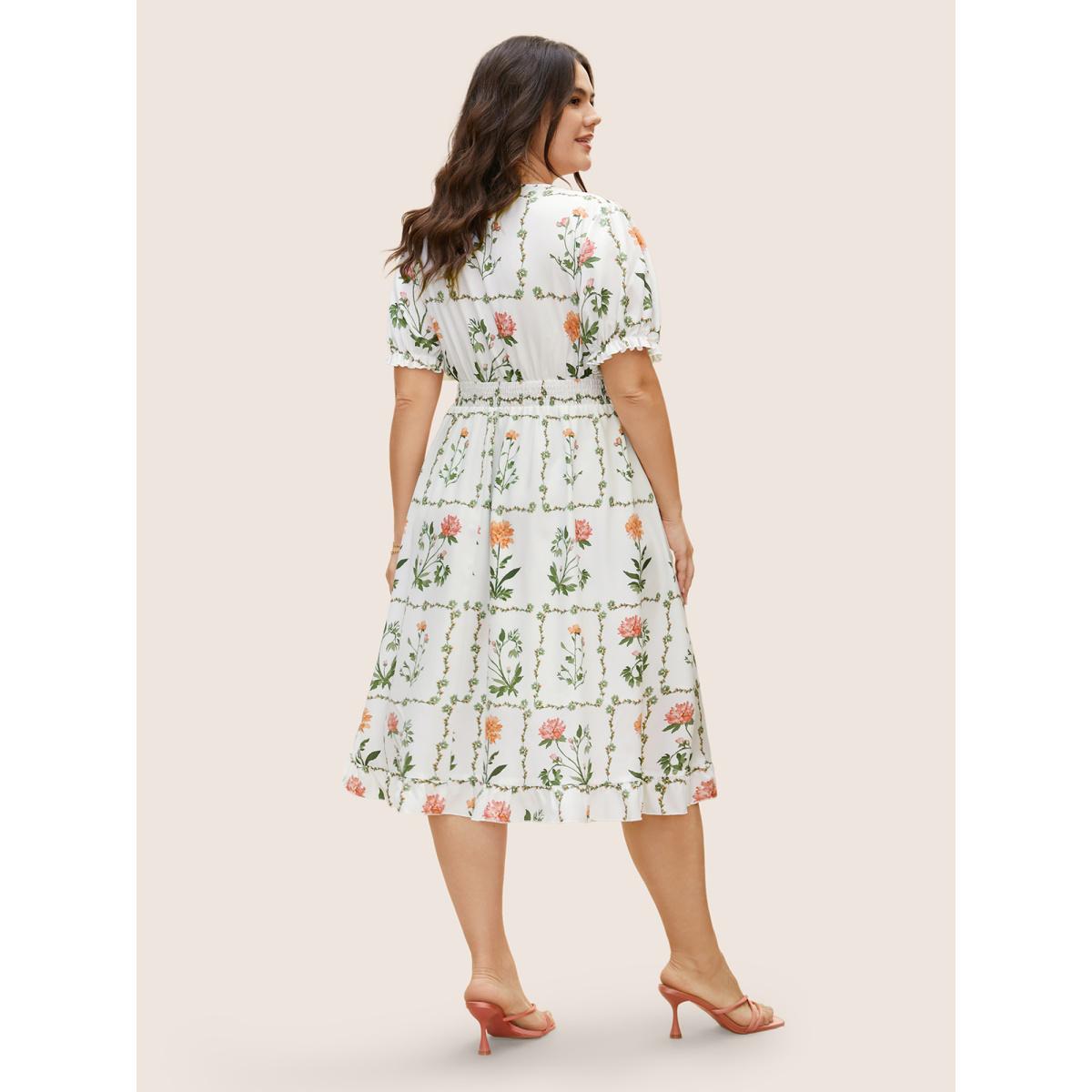 Plus Size Boho Print Tie Knot Shirred Lantern Sleeve Dress Originalwhite Women Timeless Square Neck Short sleeve Curvy BloomChic 14-16/1X Product Image
