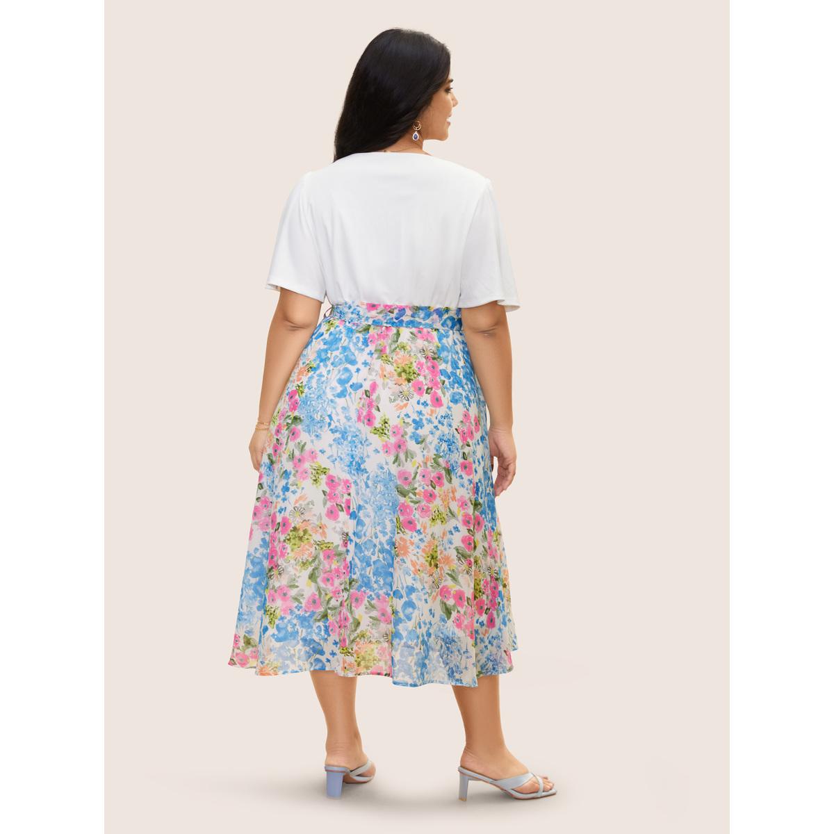 Plus Size Overlap Collar Patchwork Floral Midi Dress Ivory Women Elegant Belted Overlap Collar Short sleeve Curvy BloomChic 28/5X Product Image