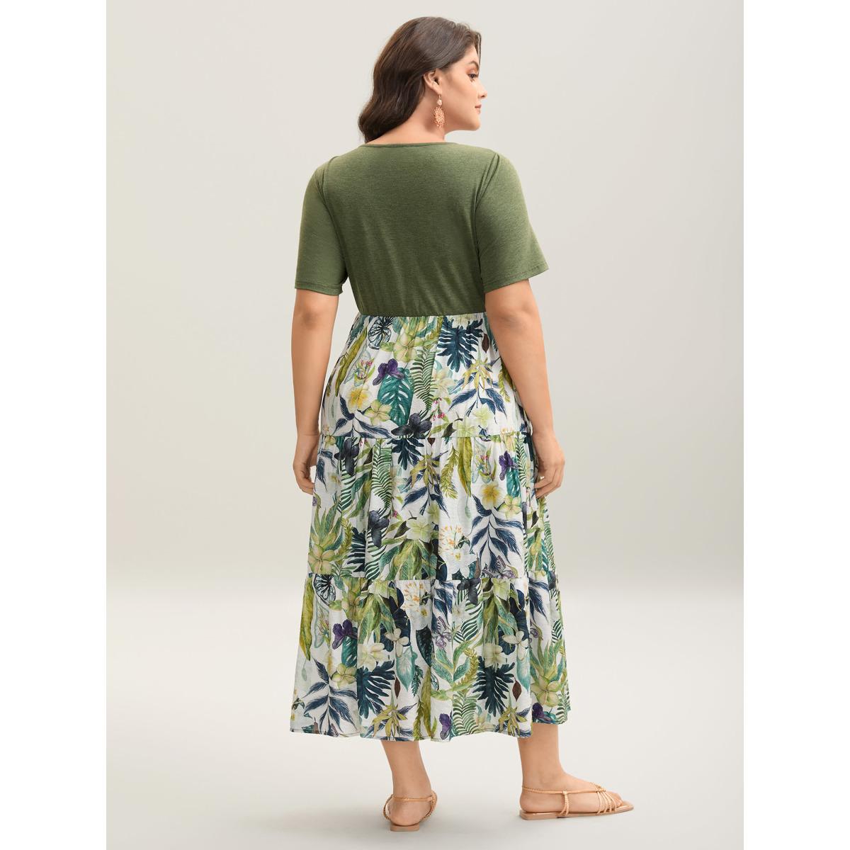 Plus Size Tropical Floral Print Spliced Maxi Dress Moss Women Round Neck Short sleeve Curvy BloomChic 14-16/1X Product Image
