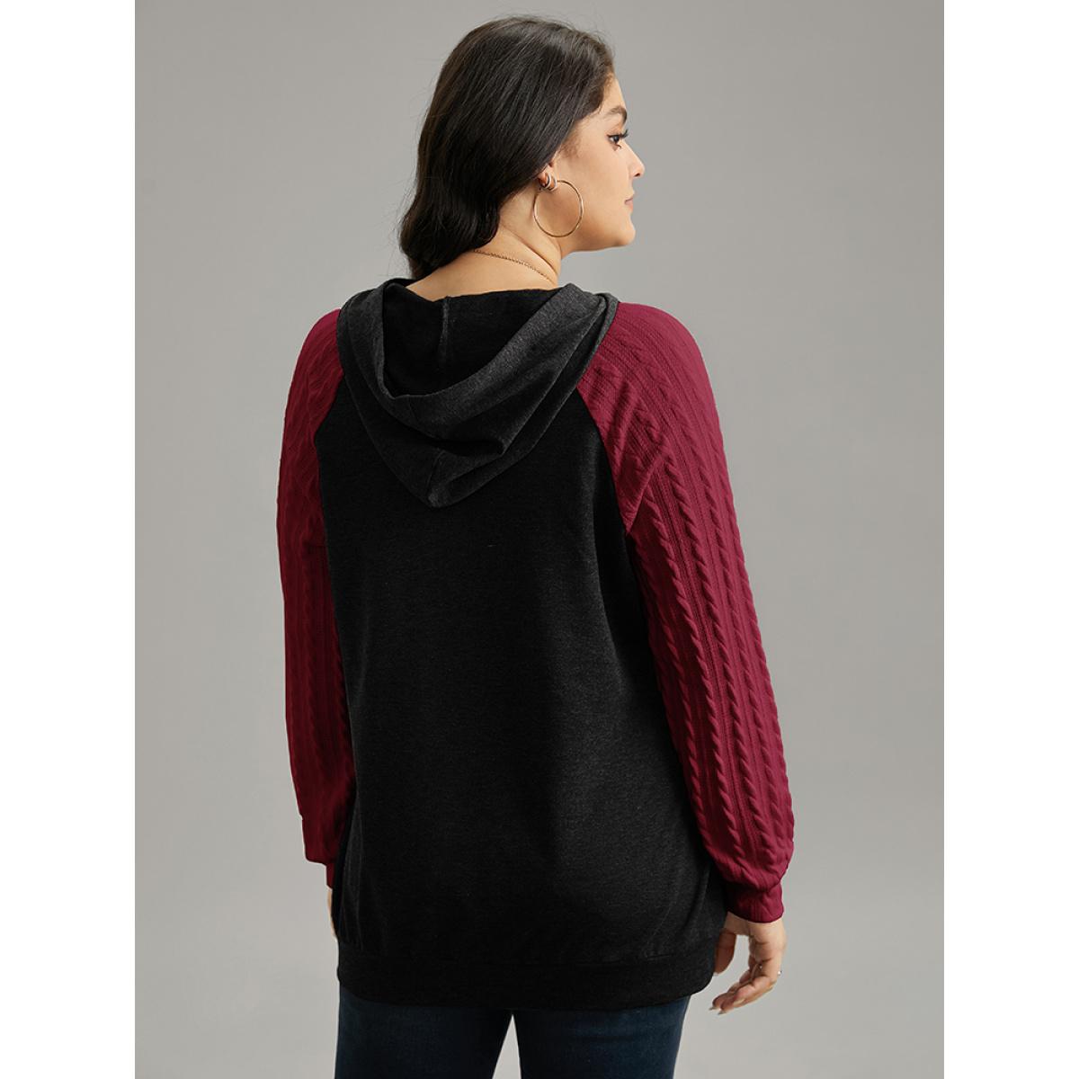 Plus Size Contrast Cable Knit Pocket Hooded Drawstring Sweatshirt Women Black Casual Texture Hooded Everyday Sweatshirts BloomChic 10/M Product Image